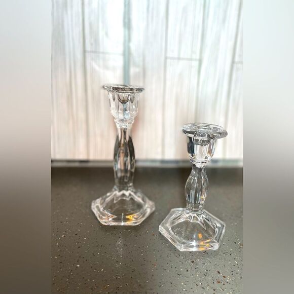 🔥❤️🔥 2 Crystal-like Geometric Design Glass Tapered Candlestick Holders EPC - Picture 1 of 9